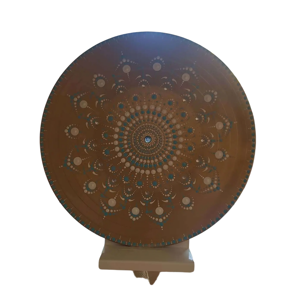 Spirituelle Dekoration auf blauer Vinyl-Schallplatte mit goldener Ohm-Symbol-Design, handgefertigt von Mana Shop.