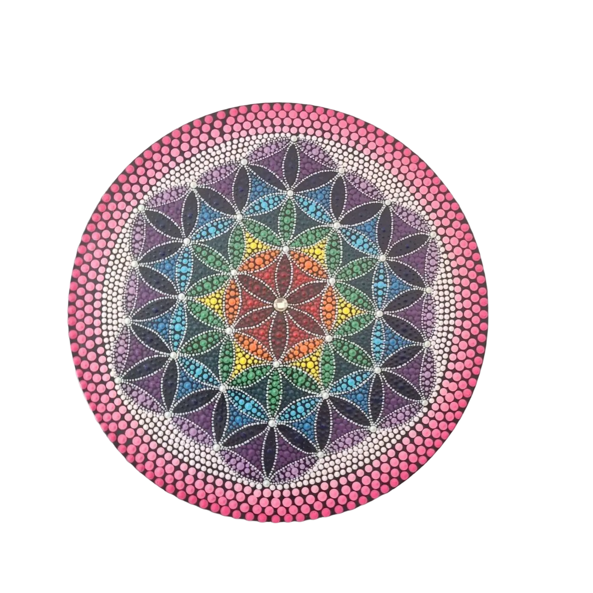 Spirituelle Dekoration auf Vinyl-Schallplatte mit Blume des Lebens, dekoratives Kunstwerk im Mana Shop Design