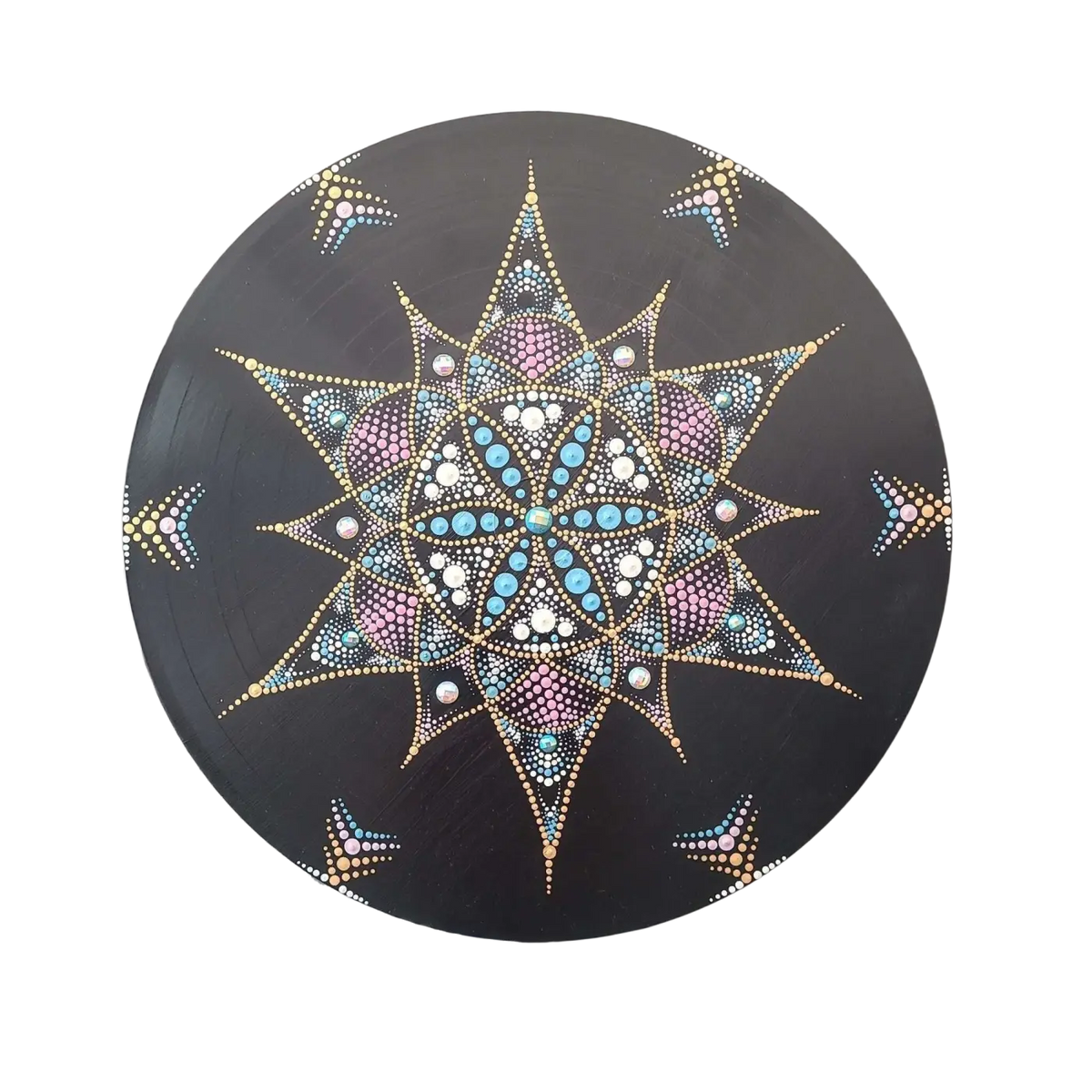 Spirituelle Dekoration auf blauer und weißer Vinyl-Schallplatte mit Mandala-Design, originelle Wanddekoration im Mana Shop Stil