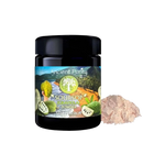 Schwarzes glasgefäß mit ancient purity soursop graviola pulver 125g mit lebhaftem tropischen etikett und weißer schrift