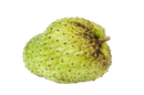 Grüne stachelannone soursop frucht mit leicht unebener oberfläche und braunen stellen am stiel für stachelannone pulver
