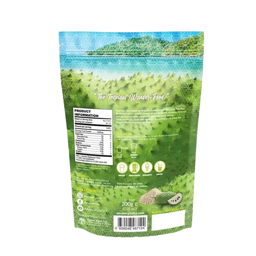 Stachelannone Soursop Graviola Pulver von Ancient Purity, 200g Nahrungsergänzung mit Acetogeninen, in Wasser gelöster Pulver.
