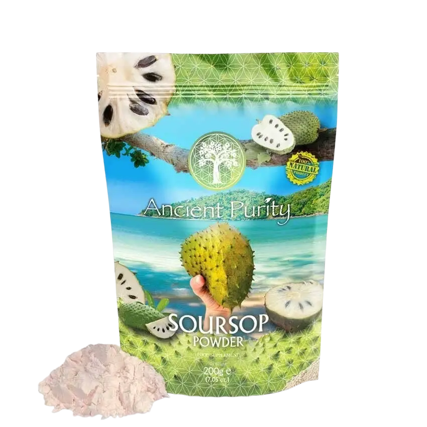 Ancient Purity Soursop Pulver, 200g, aus Stachelannone (Graviola) für Nahrungsergänzung, mit Acetogeninen auf weißem Hintergrund