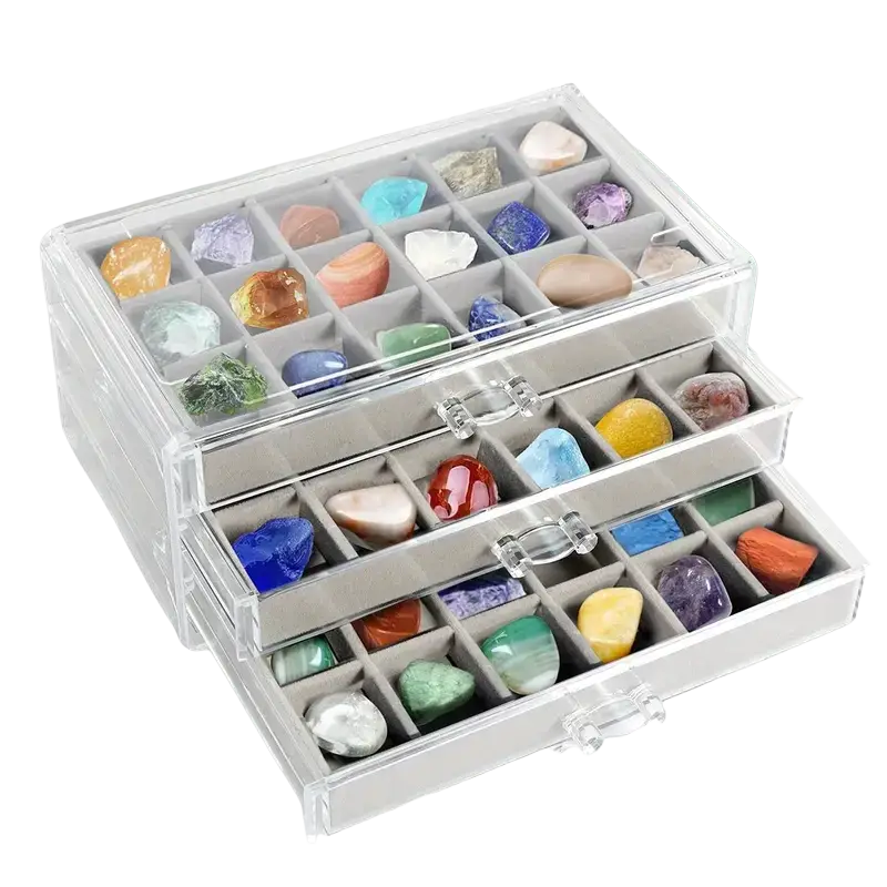 Acryl-Organizer mit drei Schubladen in der Steinkollektion-Vitrine für dekorative Steine, von Mana Shop