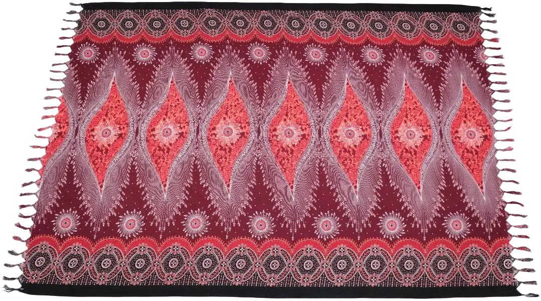 Maroon und rot gemustertes lunghi sarong tuch 160x115cm mit geometrischem design und schwarzen fransenrand