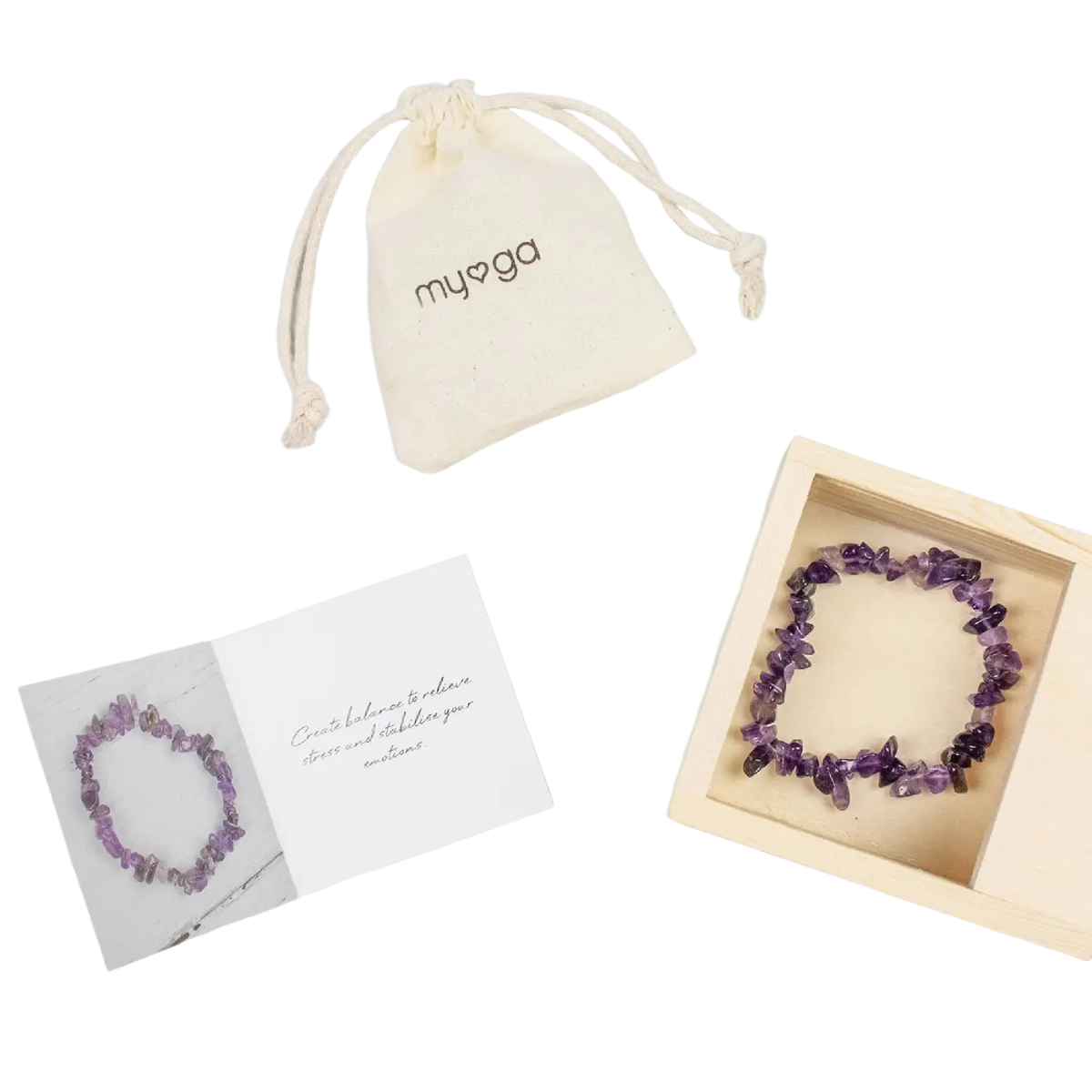 Lila amethyst natürliches kristall chip armband in holzkiste mit markenbeutel und informationskarte