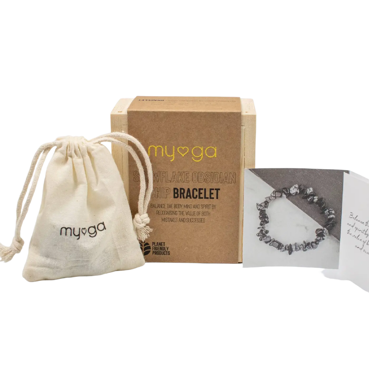 Myoga snowflake obsidian chip bracelet in natural stone finish with branded gift bag and wooden box for chip bracelets