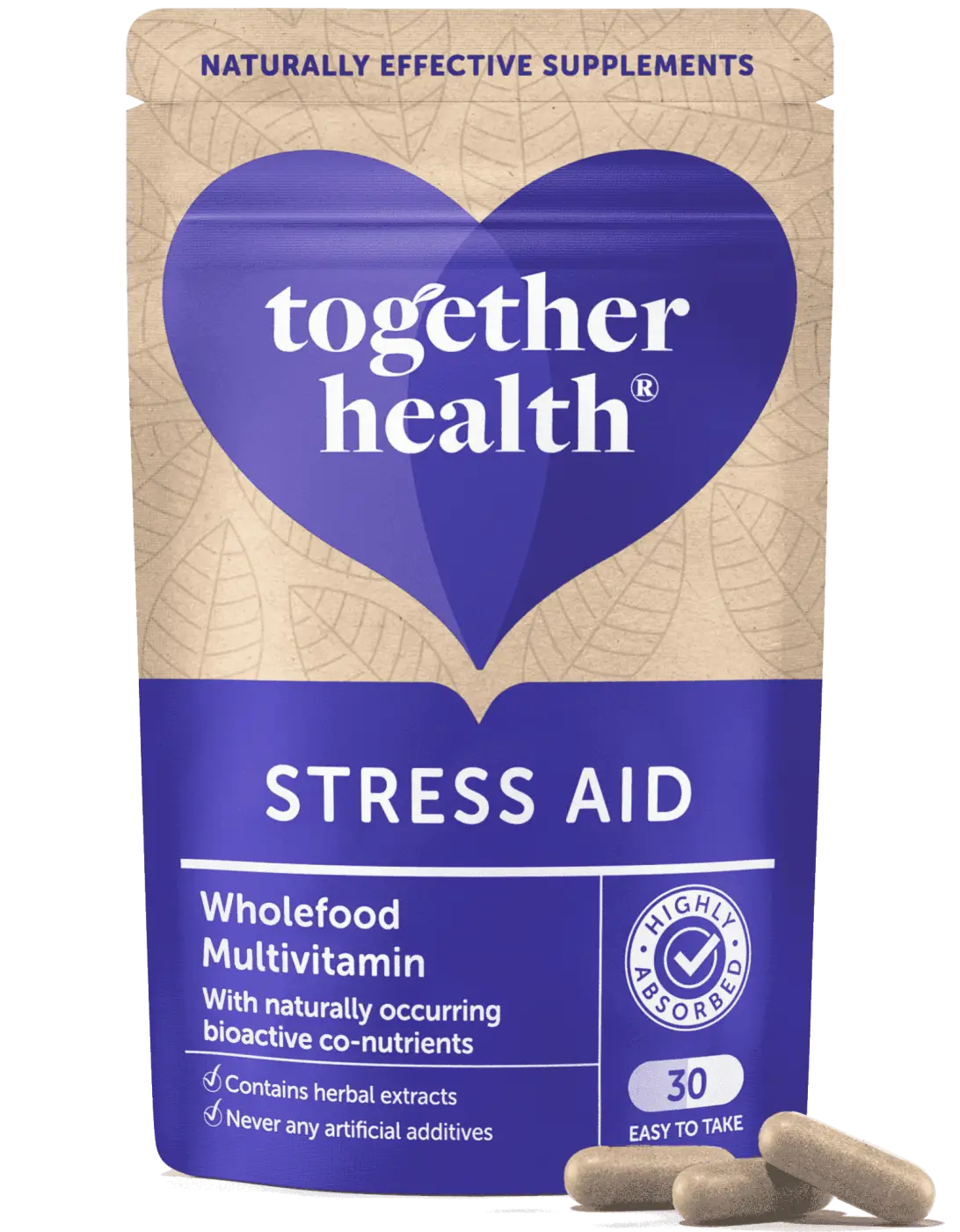 Stress Aid Nahrungsergänzung von Together Health, 30 Kapseln, beruhigende Stresshilfe und Ergänzung für mehr Gelassenheit.