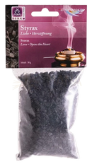 Styrax räucherwerk in tüten mit schwarzen harzchips in klarem beutel und purple berk holy smokes label für mana shop image to zoom