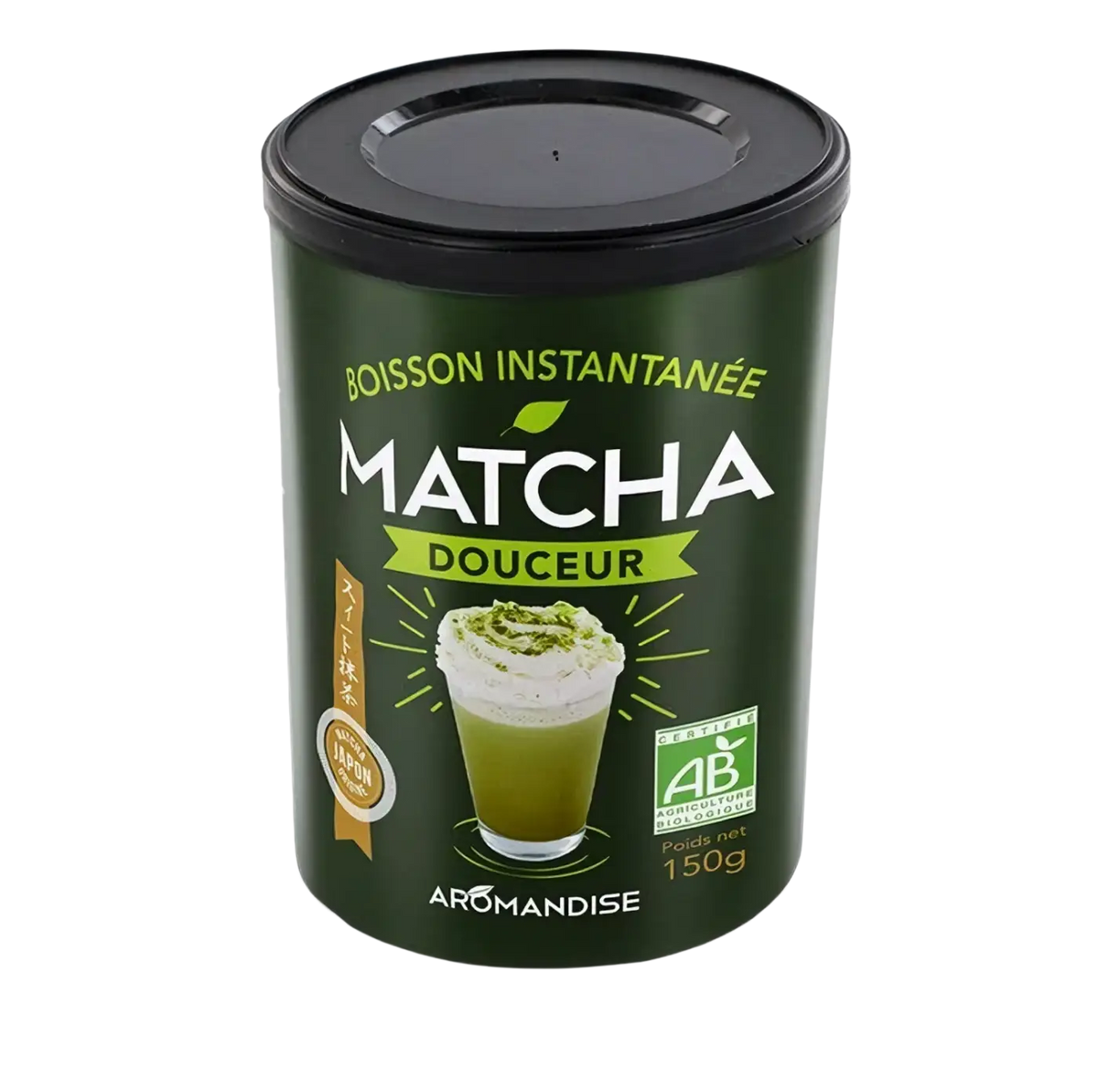 Dunkelgrünes Matcha-Grünteepulver von AROMANDISE in 150g Packung, feines Pulver für Tee und Kaffee, frisch und aromatisch