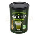 Dunkelgrüner zylinderförmiger aromandise behälter mit hochwertigem süsses matcha-grünteepulver 150g und schwarzem deckel