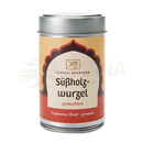 Ein zylindrischer metallbehälter mit silbernem deckel und etikett im klassischen ayurveda design für süßholzwurzel gemahlen von mana shop agni queen spice vegetable and dhal