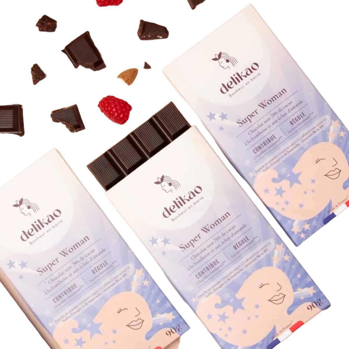 Dunkle Super Woman Schokolade 70 % mit Safran und Kräutern, Delikao Süßigkeiten & Snacks, zeigt Schokoladentafel mit Safran und Kräutern