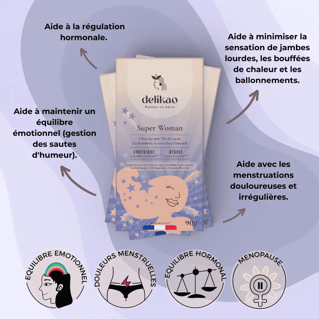 Dunkle Schokolade 70 % mit Safran und Kräutern von Delikao, Super Woman, in einer eleganten Verpackung.