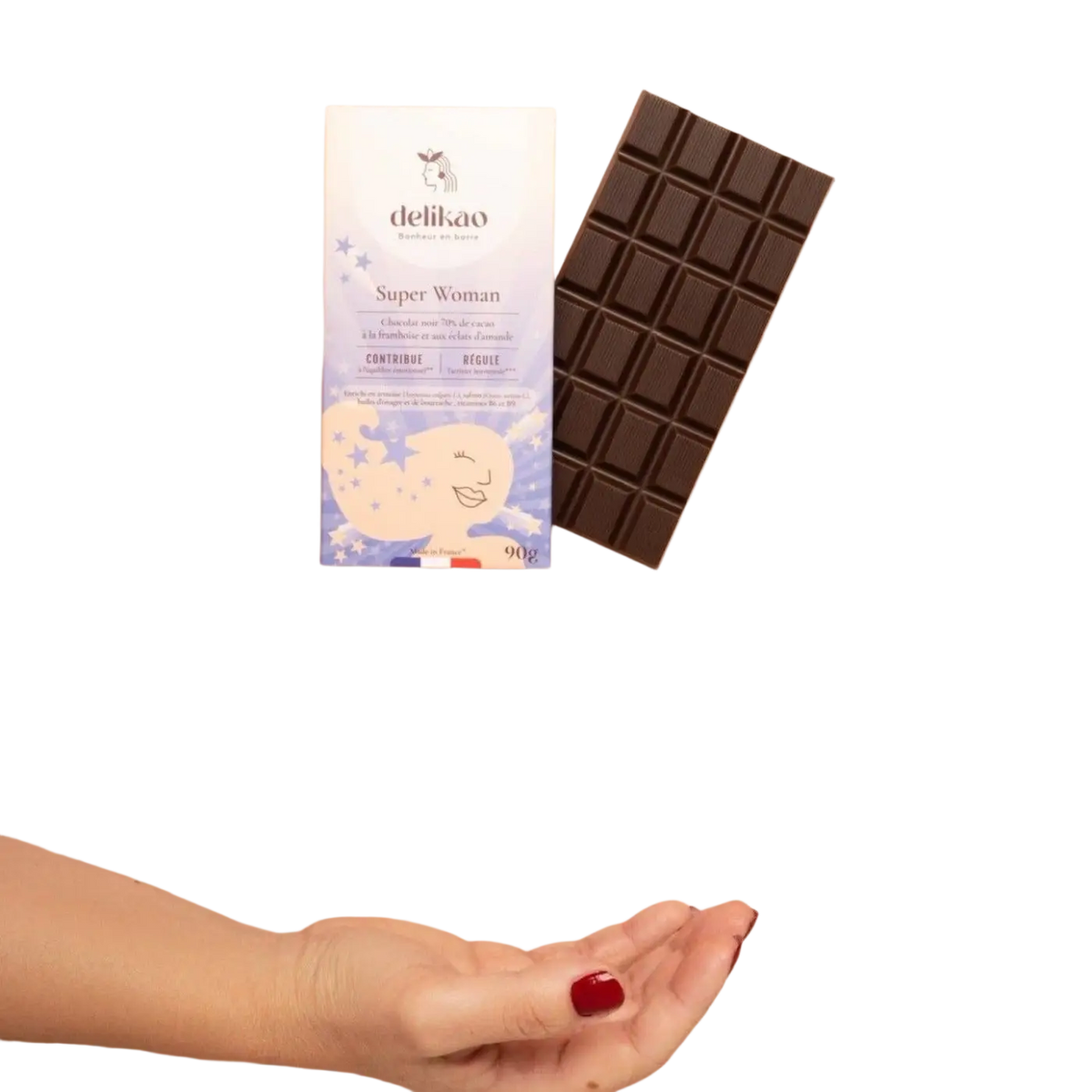 Dunkle Schokolade 70 % mit Safran und Kräutern von Delikao, verlockende Süßigkeit in dunkler Schokoladenoptik.