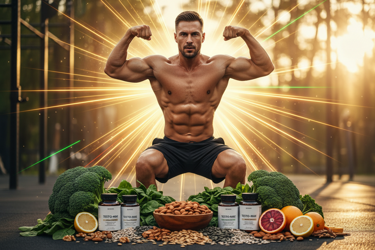 Muskulöser Mann mit gesundem Lebensstil, umgeben von Brokkoli, Nüssen und Vitaminen.