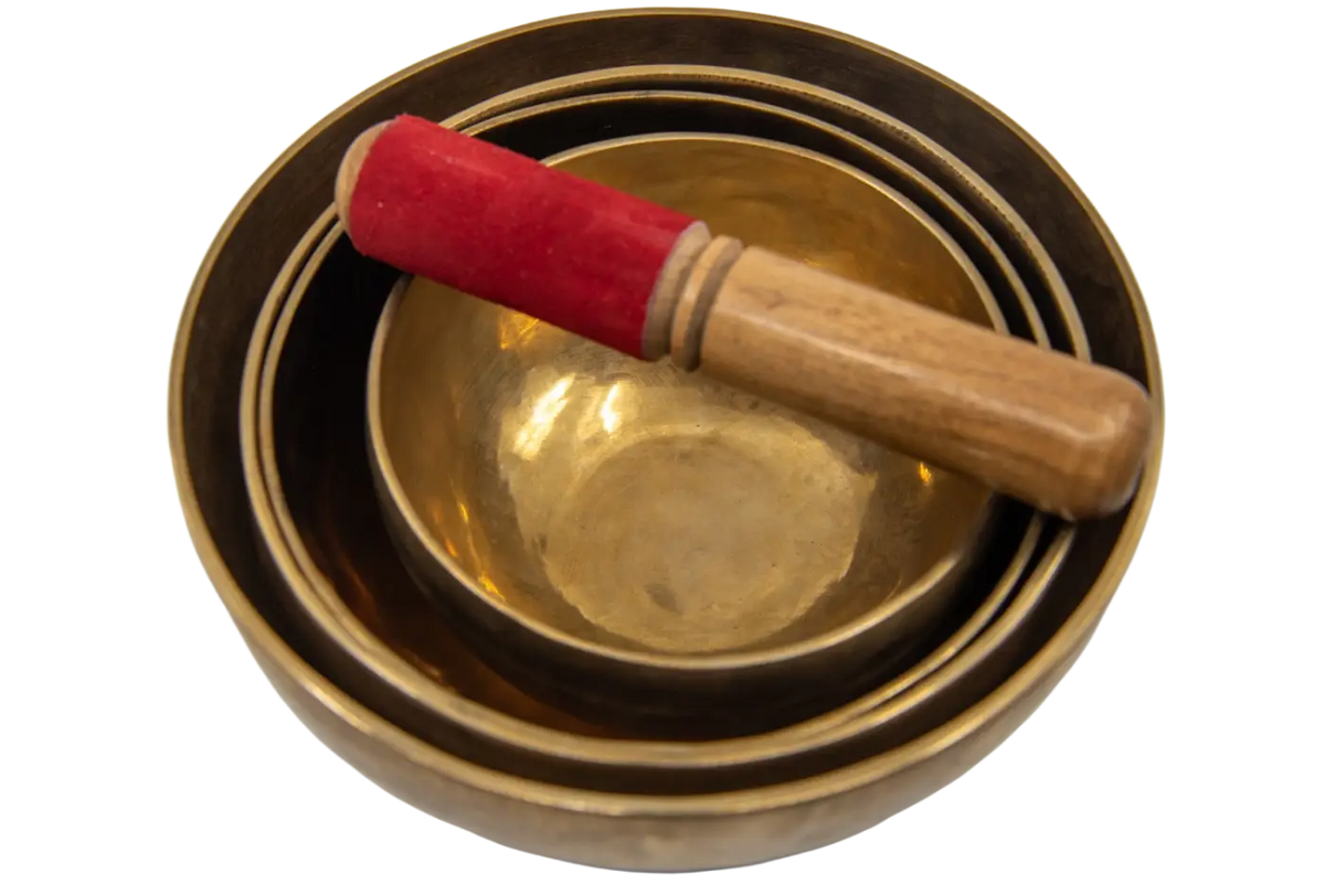 Handgefertigte tibetische Klangschale aus Nepal, traditionelles Musikinstrument mit kunstvoller Verzierung und hochwertiger Qualität.