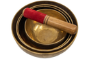 Set von tibetischen klangschalen aus messing mit lederklöppel und rotem griff handgefertigte qualität aus nepal