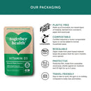 Veganer Vitamin D3 1000i Nahrungsergänzung von Together Health in 30 Kapseln, Nahaufnahme der Verpackung und Kapseln