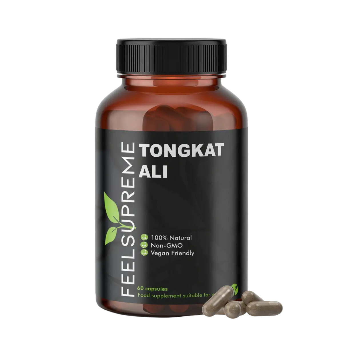 Natürliche Tongkat Ali Nahrungsergänzung von Feel Supreme, zeigt die Verpackung und Kapseln des Testosteron-Boosters.