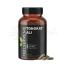 Braune glasflasche mit schwarzem geriffeltem deckel und label der marke feels supreme tongkat ali natürliches testosteron-booster supplement enthält 60 kapseln