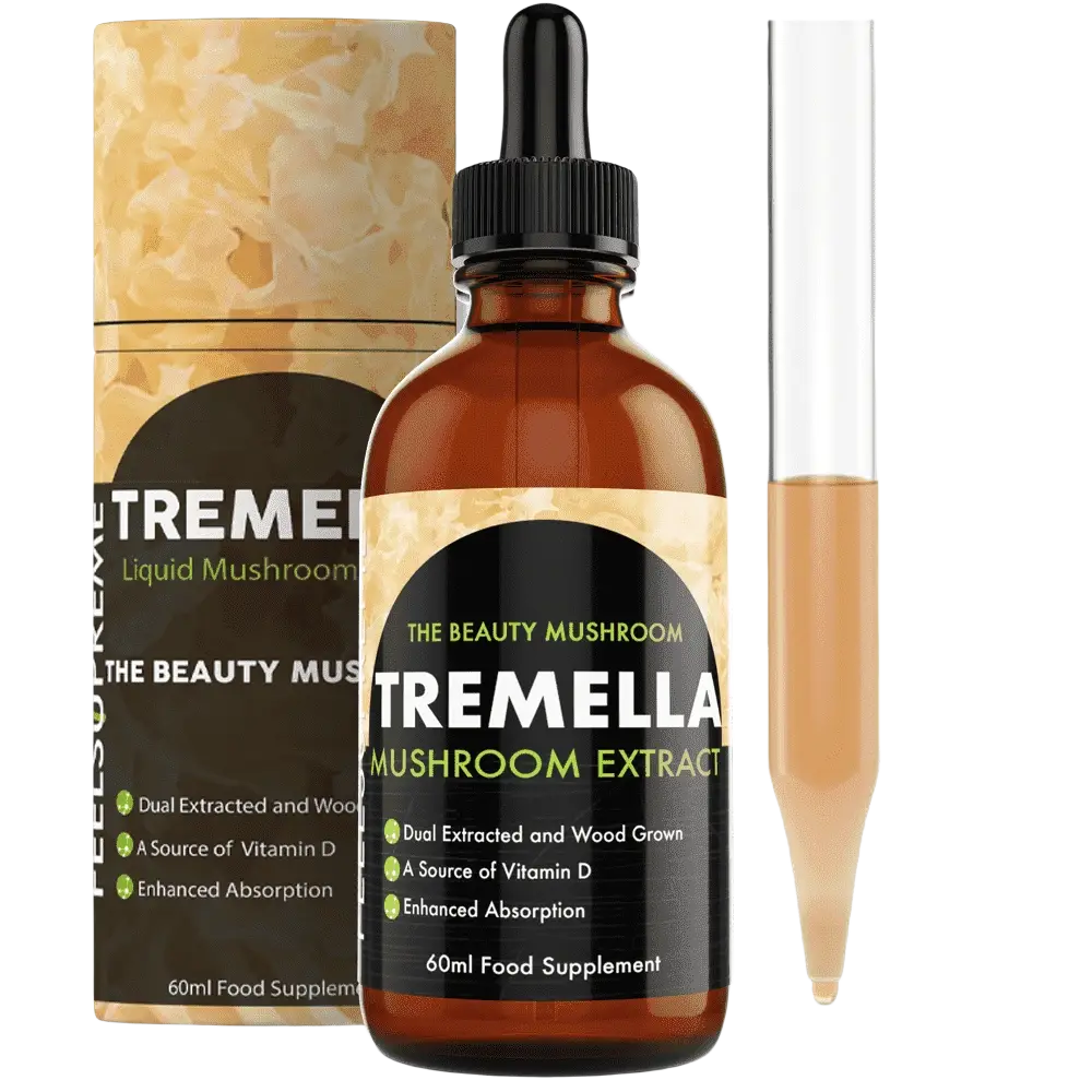 Tremella-Pilzflüssigkeit von Feel Supreme, Nahrungsergänzungsmittel, flüssige Form des Schönheitspilzes, in Flasche.