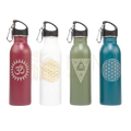 Vier trinkflasche edelstahl 700ml in maroon, weiß, olivegrün und teal mit geometrischen und spirituellen designs