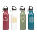 Vier trinkflasche edelstahl 700ml in maroon, weiß, olivegrün und teal mit geometrischen und spirituellen designs