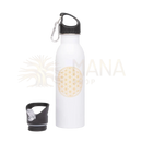 Weiße trinkflasche edelstahl 700ml mit gold flower of life design, schwarzem schraubdeckel und klarem strohhalmverschluss