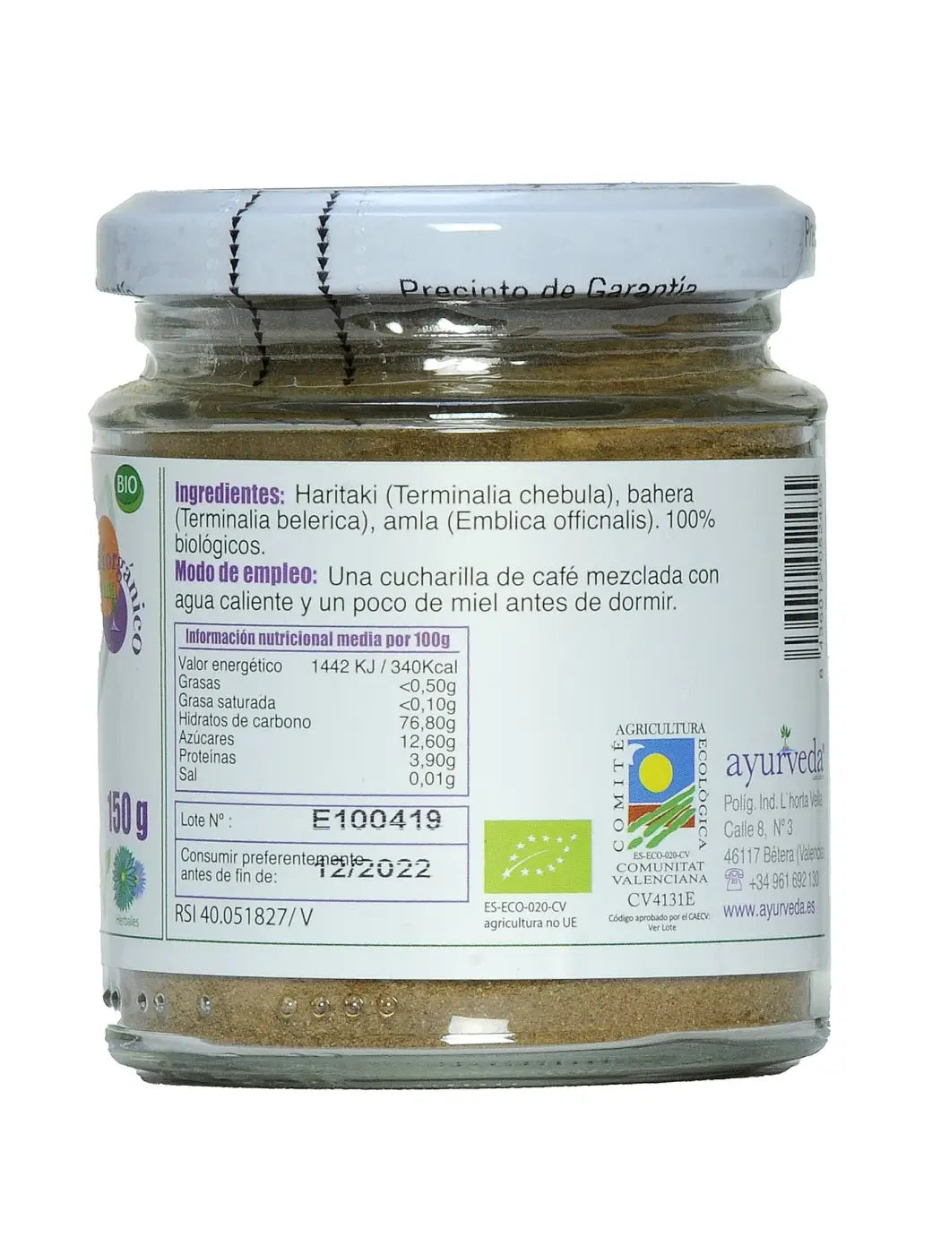 Bio Triphala Churna von Ayurveda Auténtico, ayurvedische Kräutermischung mit Amla, Haritaki und Bibhitaki in Pulverform.