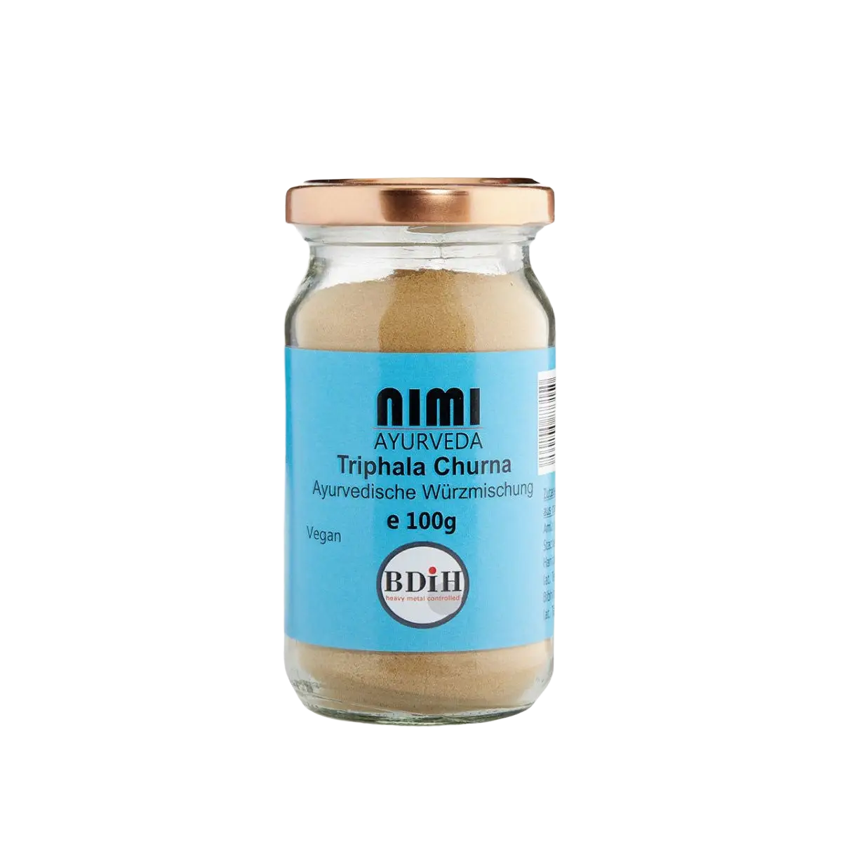 Ein klarer glasbehälter mit roségoldverschluss enthält nimi ayurveda triphala churna vegan pulver 100g für dry massage bei mana shop