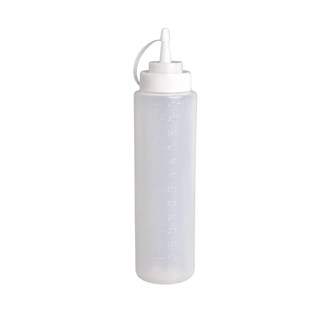 Transparente tropferflasche spritzflasche 650 ml mit weißem deckel und milliliter-markierung für massageöle bei mana shop