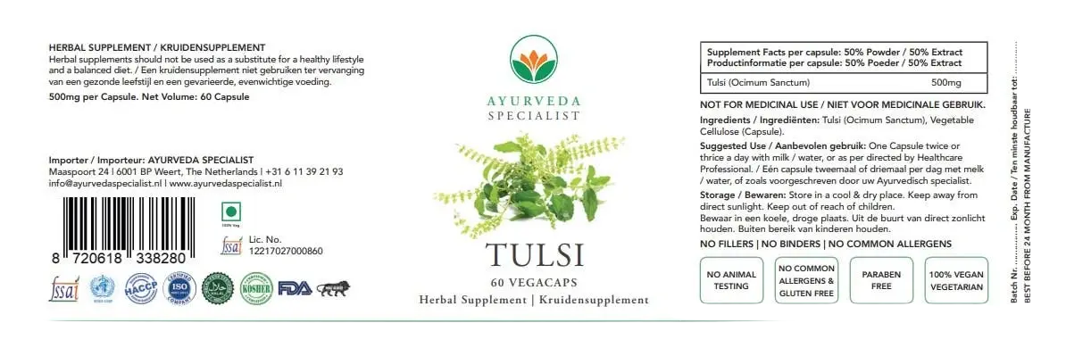 Tulasi 500 mg Kapseln von Ayurveda Specialist B.V., Nahrungsergänzung für Atemwege, Herz und Vitalität, in einer offenen Packung