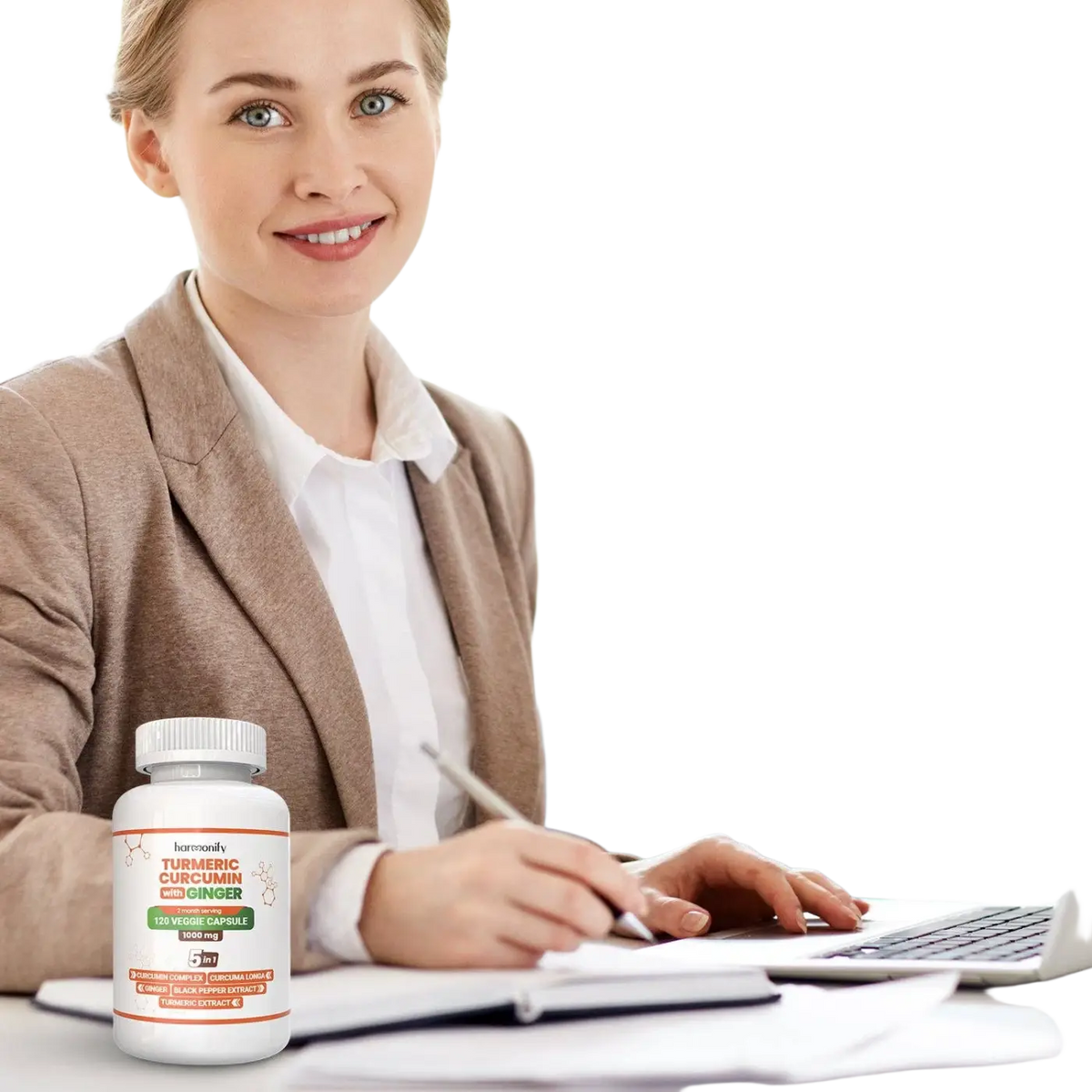 Veganer Nahrungsergänzungsmittel: HARMONIFY Kurkuma Curcumin mit Ingwer, 1000mg Kapseln, natürlich und gesund.