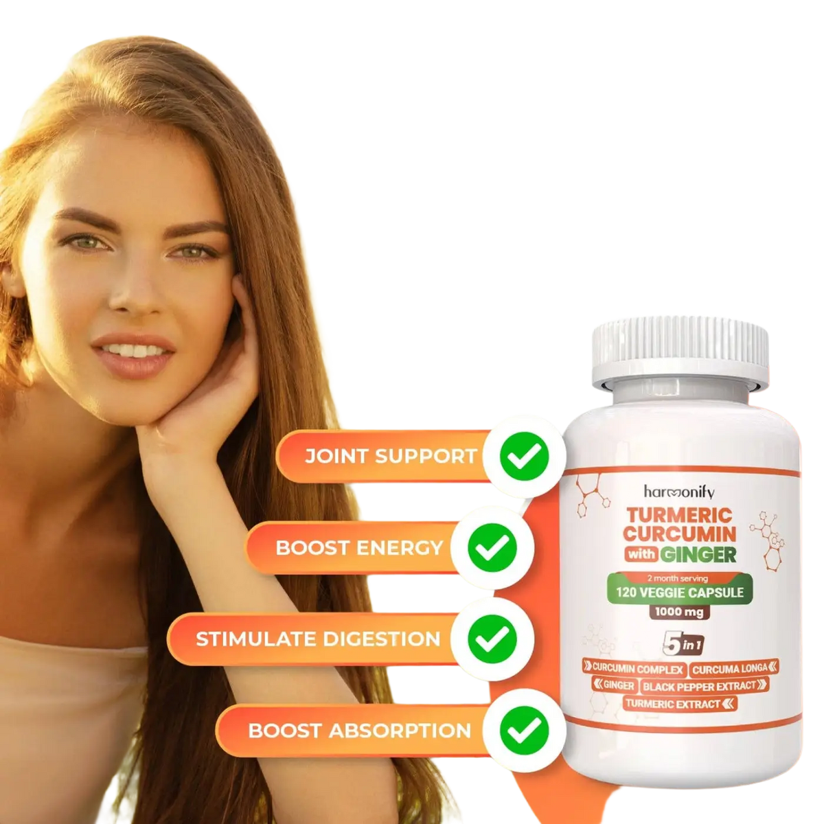 HARMONIFY Kurkuma Curcumin Ingwer Nahrungsergänzung in veganen Kapseln, 1000mg, Nahaufnahme der gelben Kapseln gegen Entzündungen