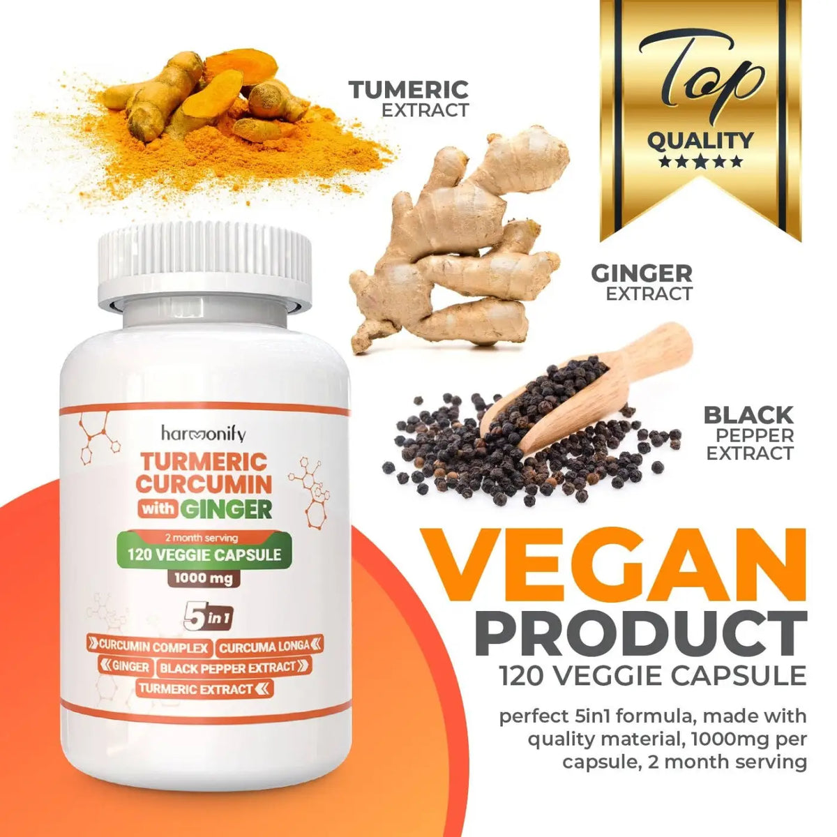 Veganer Turmeric Curcumin Ingwer Nahrungsergänzung in Kapseln, HARMONIFY, 1000mg, Naturprodukt gegen Entzündungen