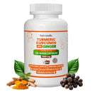 Weiße plastikflasche mit harmonify turmeric curcumin ginger vegan kapseln 120 stück je 1000 mg turmeric curcumin ginger