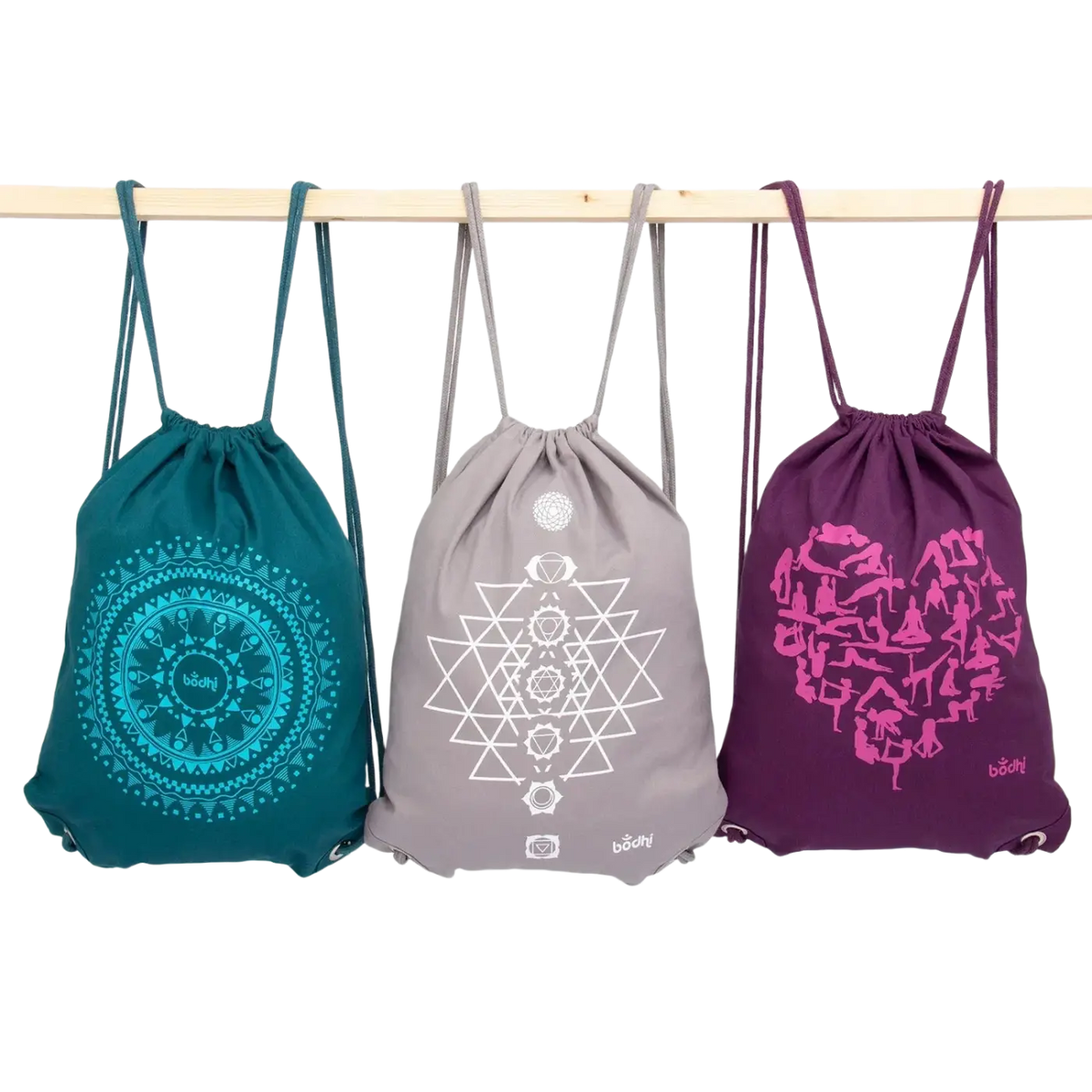 Bodhi Turnbeutel Yoga GymBag mit buntem Heart-Print, praktische Tasche für Sport und Freizeit, aus weichem Material.
