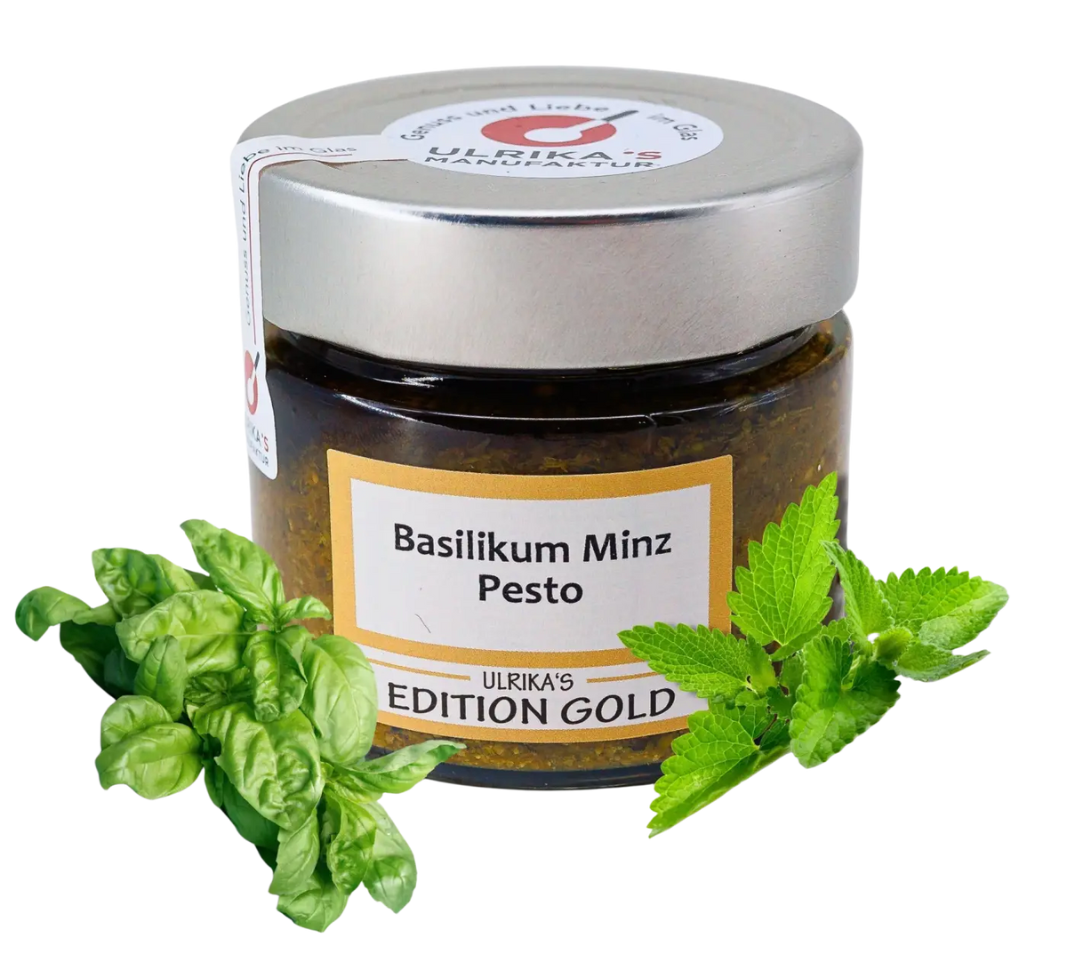 Ulrika's Manufaktur Basilikum Minz Pesto in 150g Glas, Brotaufstrich mit frischen Basilikum und Minz aromen, natürliche Zutaten.