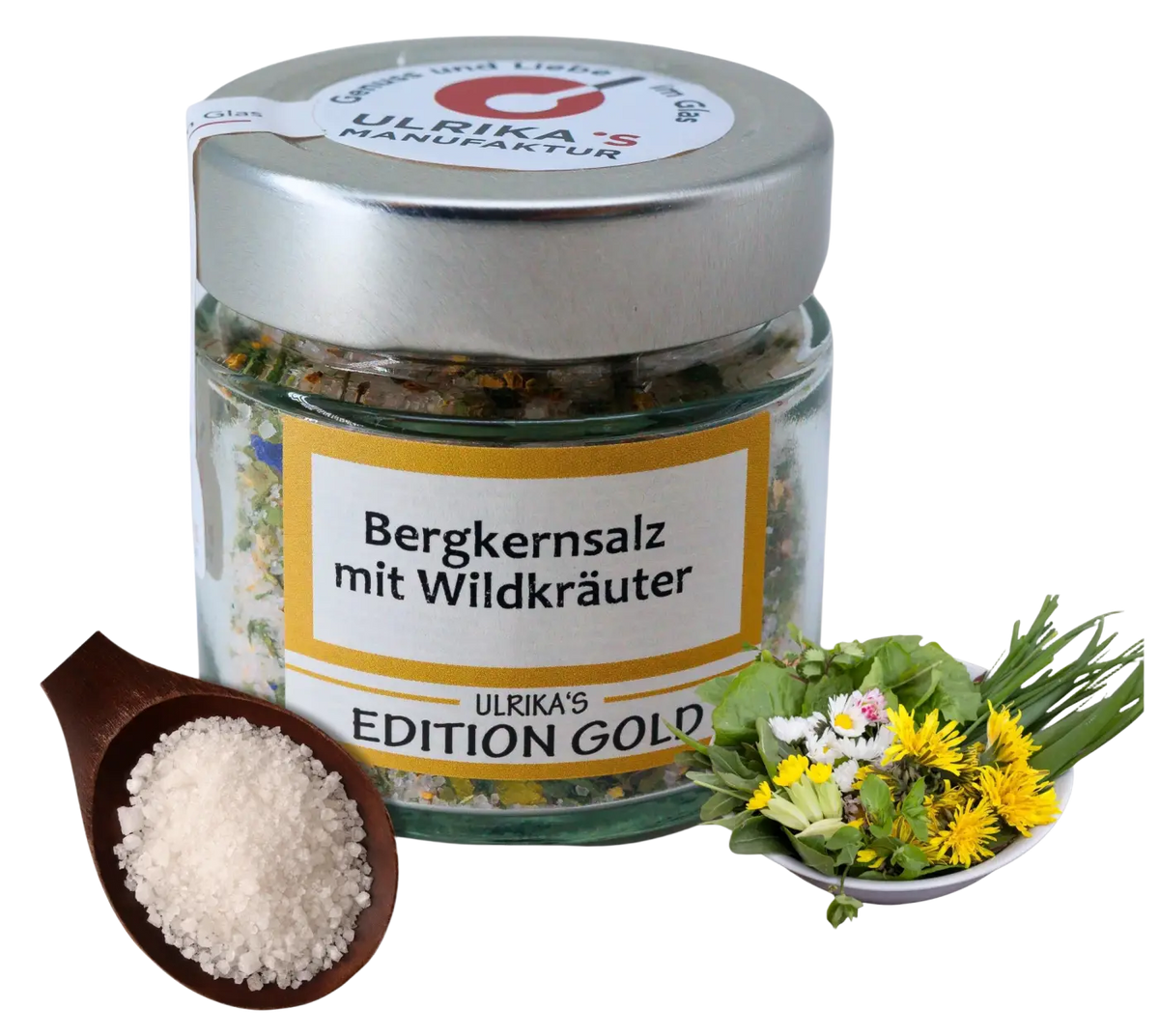 Ulrikas Manufaktur Bergkernsalz mit Wildkräuter in 130g, natürliches Salz mit Kräutern, ideal zum Kochen und Würzen.