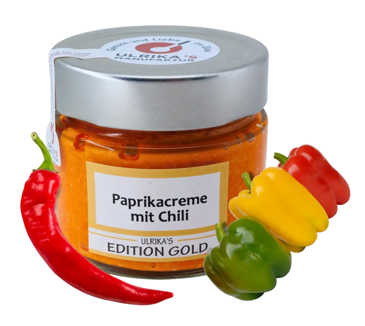 Ulrika's Manufaktur Paprikacreme mit Chili in 150g Glas, scharfer Brotaufstrich und Mus mit roter Paprika und Chili.