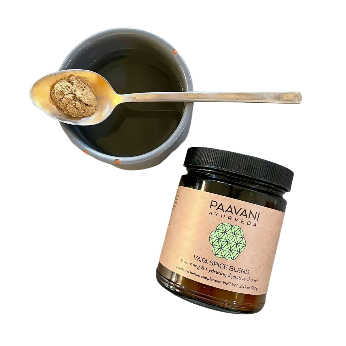 Vata Gewürzmischung von PAAVANI Ayurveda, wärmende und hydratisierende Verdauungs-Churna in Gewürzglas, natürliche Kräuter.