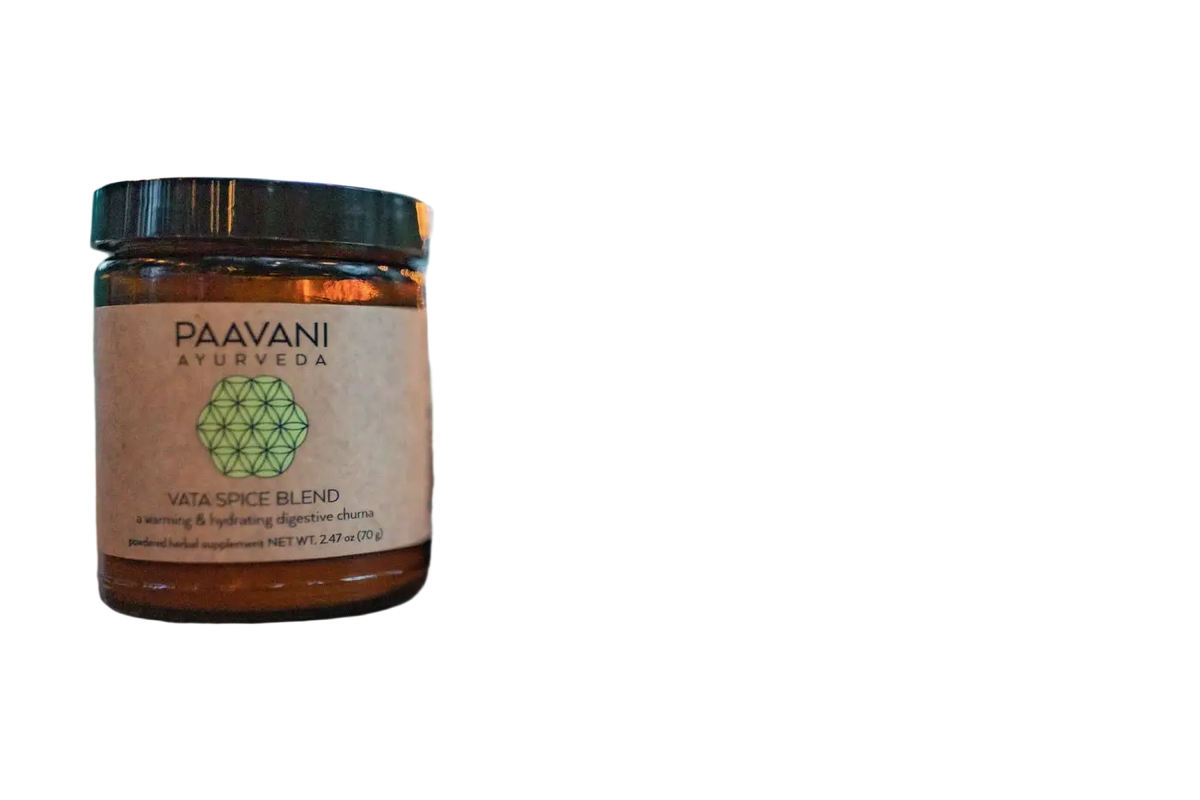 Vata Gewürzmischung von PAAVANI Ayurveda, wärmende und hydratisierende Verdauungs-Churna in Gewürzglas, natürliche Heilkräuter.