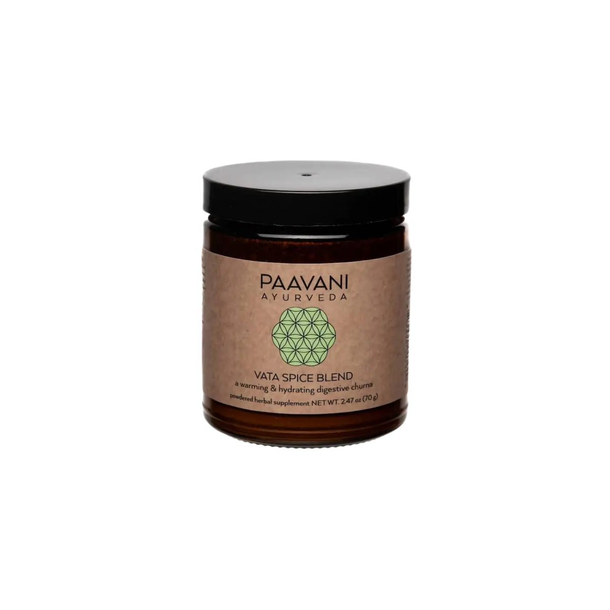 Vata Gewürzmischung von PAAVANI Ayurveda, wärmende und hydratisierende Verdauungs-Churna, in einer Gläserverpackung.