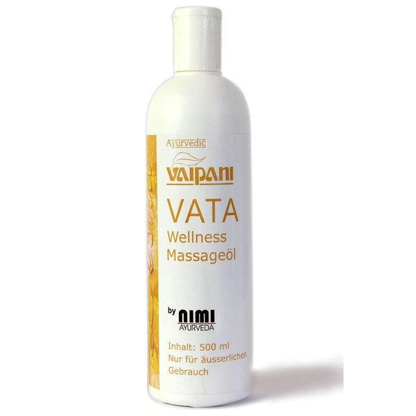 Eine weiße 500-ml-Flasche VATA Wellness Massageöl von VAIPANI, ein Produkt von Nimi Ayurveda, freigestellt auf weißem Hintergrund.