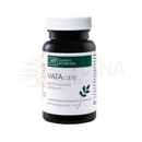 Ein dunkelbernsteinfarbenes glasfläschchen mit weißem deckel und label von vatacare ayurvedische kräuterrezeptur mit withania somnifera und bacopa monnieri