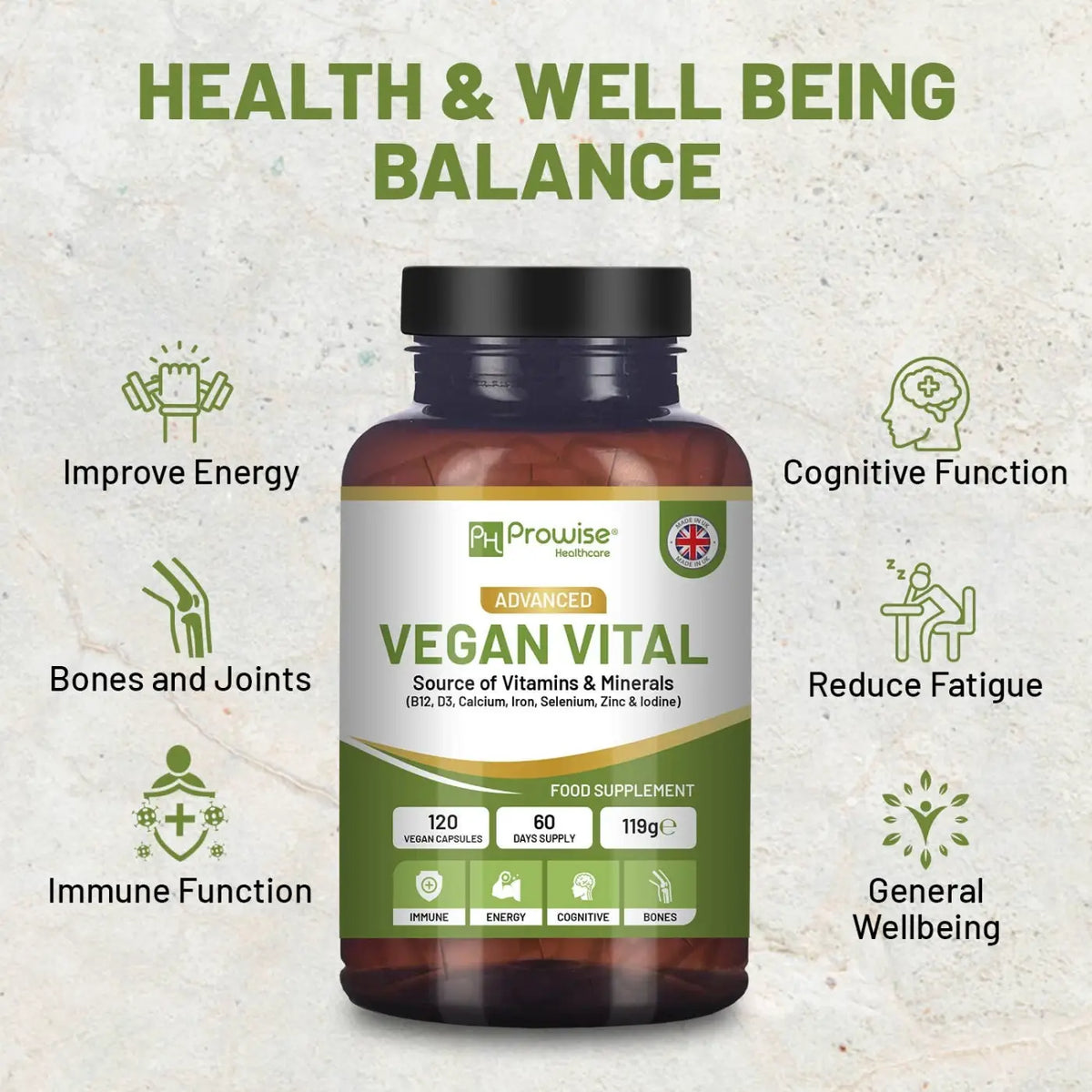 Vegane Vital Multivitamine in 120 Kapseln von Prowise Healthcare, Nahrungsergänzungsmittel mit buntem Multivitamin-Design
