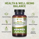 Braune glasflasche mit schwarzem deckel und grün-weißem etikett von prowise healthcare vegan vital multivitamine für das immunsystem mit 120 kapseln