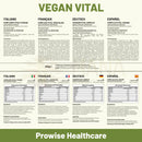 Rückseite des produkts vegane vital multivitamine 120 kapseln von prowise healthcare mit mehrsprachigen nährwertangaben zur unterstützung des immunsystems