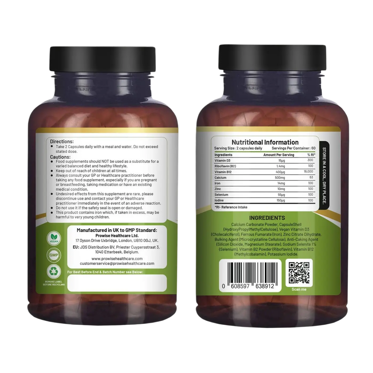 Vegane Vital Multivitamine in 120 Kapseln, Nahrungsergänzung von Prowise Healthcare, zeigt die Verpackung mit Kapseln.